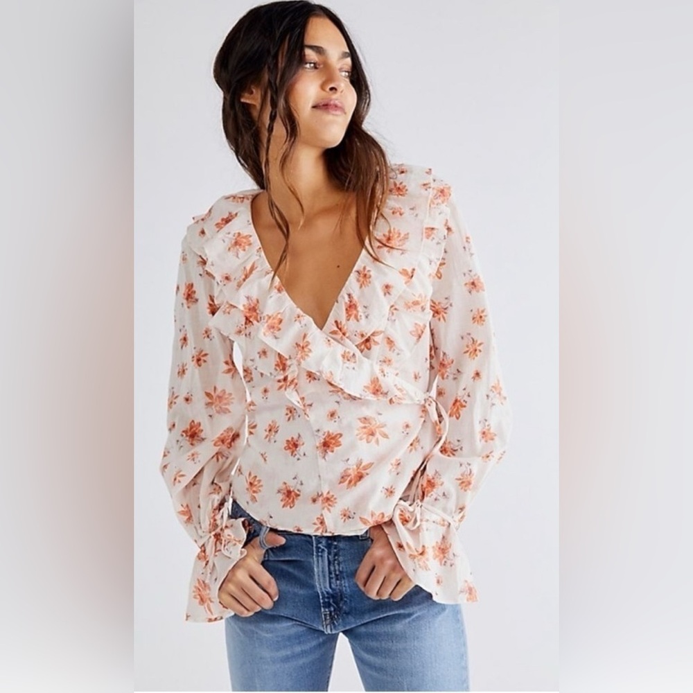 FREE PEOPLE Amanda Ruffle Top Blouse Ivory Orange Floral Women's Size M
